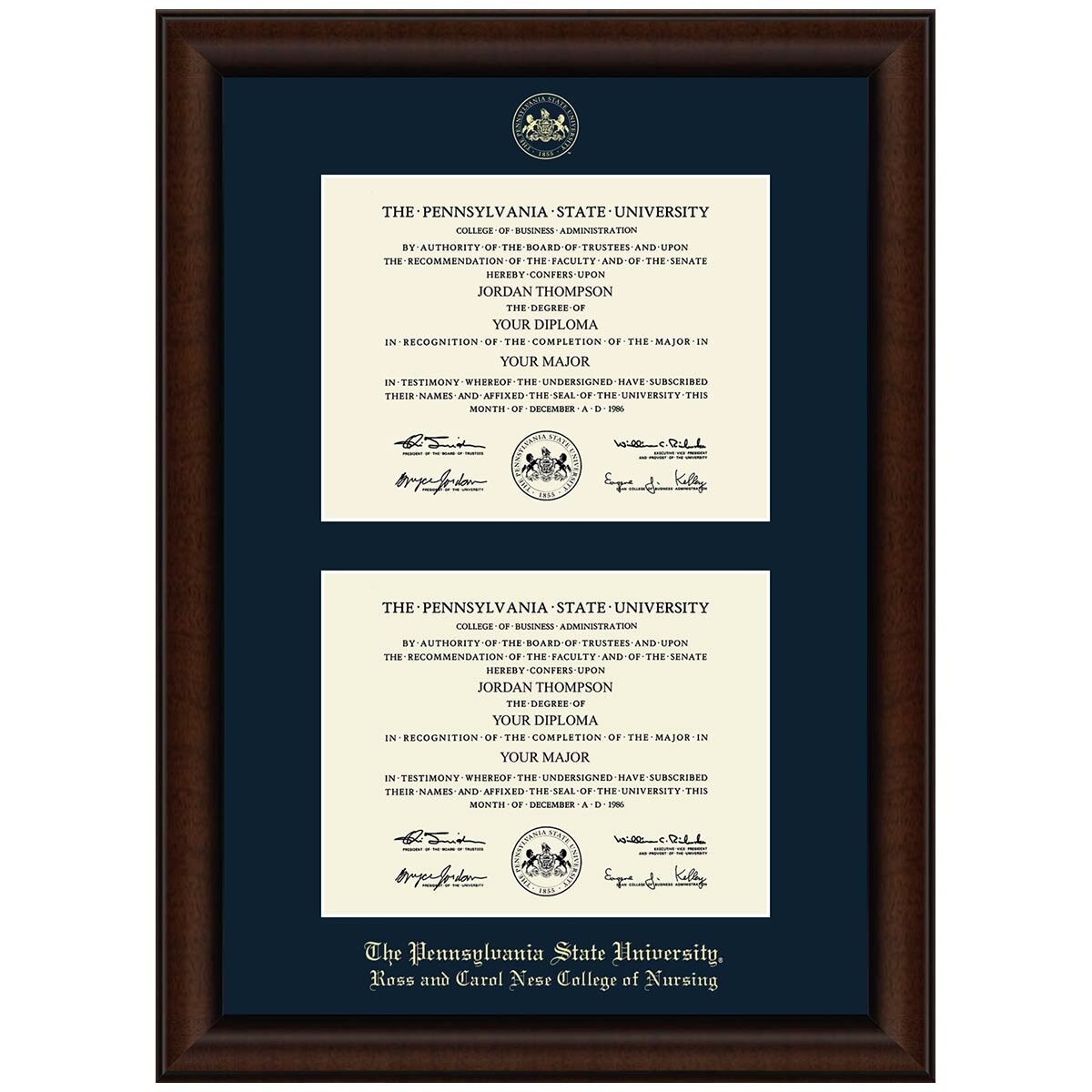 #106 Penn State Ross and Carol Nese College of Nursing double diploma frame Lenox (Walnut)
